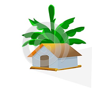 Beautiful village house, home, bungalow under banana tree isolated in white background. A small hut, bungalow in rural village photo