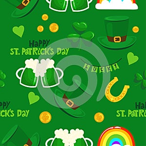 Saint Patrick\'s Day pattern with green hats. Irish leprechaun shenanigans lucky charm clover funny quote. photo