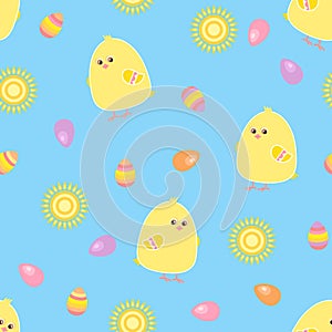 Cute Easter background. Funny yellow baby chicken, easter painted eggs and sun seamless pattern.