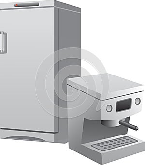 Coffee Machine and refrigerator fridge household equipment, Kitchen appliance electronic devices 3D monochrome Elements rendering
