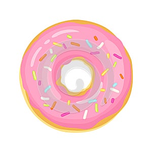 Donut with pink glaze and colorful sprinkles isolated on white background.