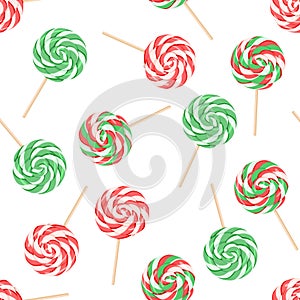 Seamless pattern with lollipops of red and green colors. Sweets background.