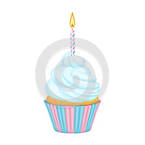 Blue birthday cupcake with candle isolated on white. Vector cartoon illustration