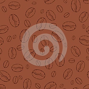 Coffee seamless pattern. Coffee beans on brown background.