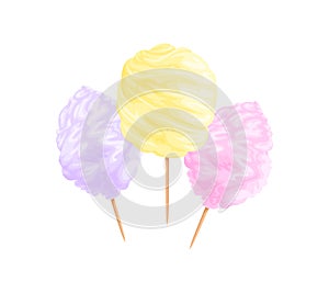 Cotton candy in yellow, pink and purple colors isolated on white background