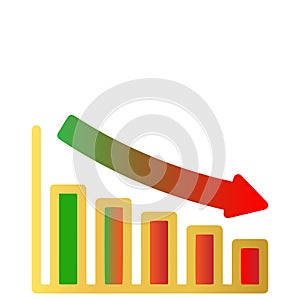 Declining bar decreasing graph with downward-pointing arrow isolated on white background falling bar chart