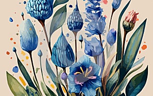 Watercolor Illustration of Blue bell, Botanical Illustration, Flowers, Generative AI