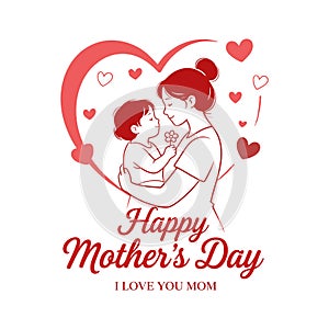 Happy Mother's Day Illustration Mom and Child Heart Graphic Art & Illustration