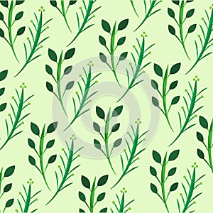 Seamless green leaf pattern background featuring botanical foliage elements on a light green backdrop.