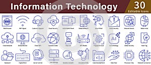 Information Technology Icon Set in Line Style with Editable Vector for IT, Computing, Data, and Digital Systems
