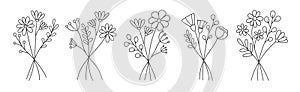 Set of hand draw wild flower bouquet. collection of line flower bouquet.