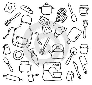 set of black line hand draw cooking doodle, baking and kitchen tools elements