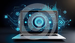 Diverse team collaborating around glowing data visualizations.