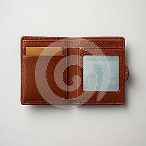 Leather Wallet Open Brown Bifold with Card Slots and Transparent ID Window on White Background for Product Display and E-Commerce