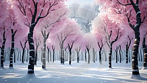 Unique and imaginative winter illustration of a cherry forest featuring the characteristic bare branches.