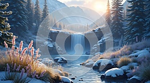 Highly textural and detailed waterfall illustration, emphasizing the specific crystalline patterns.