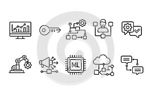 Artificial Intelligence and Machine Learning Line Icons Set â Automation, Data Analytics, Cloud Computing Vector Collection