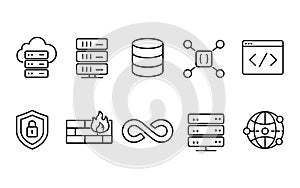 Cloud Computing and Cyber Security Line Icons Set Server, Database, DevOps, Network Vector