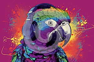 Art Illustration Of Colorful Smart Parrot In Headphones