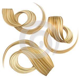 Curl of hair blond color. Straight female healthy hair. Set of vector 3d images isolated on white background
