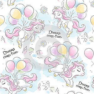 Art. illustration. Cute unicorns flying on balloons.Fashion illustration drawing in modern style for clothes. pattern