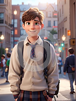 art illustration of a portrait of a boy in a complete school uniform and a backpack on his back