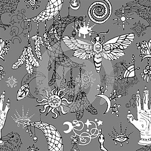Seamless pattern with dreamcatcher, moth and astrology magic symbols.