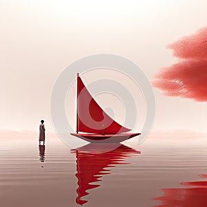 An art illustration showing a woman on a boat in the middle of nowhere