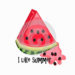 Art & Illustration. A slice of watermelon with seeds on a white background with the inscription