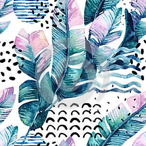 Art illustration with tropical leaves, doodle, grunge textures, geometric shapes in 80s, 90s minimal style. photo