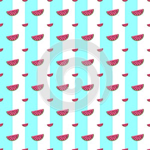 water melon pieces seamless pattern on light blue and white background.