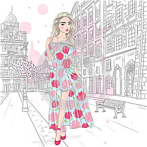 Art & IllustrationHand drawn beautiful cute cartoon girl in dress on background with city.