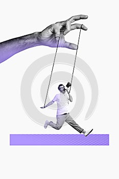 Art image vertical photo collage of happy guy run megaphone agitation rope exploitation concept puppeteer hand demote photo