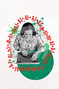 Art image vertical photo collage of serious old woman type laptop keypad artificial intelligence cyber matrix app gpt photo