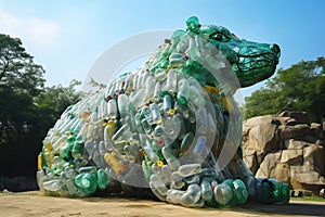 Art installation of a bear made from plastic bottles