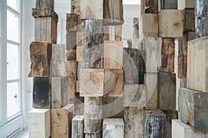Art installation created with reclaimed timber pieces, exploring environmental themes and textural contrasts. AI