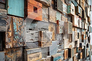 Art installation created with reclaimed timber pieces, exploring environmental themes and textural contrasts. AI