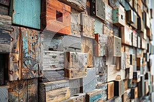 Art installation created with reclaimed timber pieces, exploring environmental themes and textural contrasts. AI photo