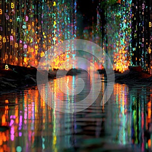 Art installation of a tunnel with multicolored lights suspended above a pathway, illuminating the water below in an photo