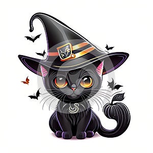 Art for kids, halloween cute black cat wearing a witches hat