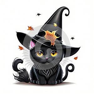 Art for kids, halloween cute black cat wearing a witches hat