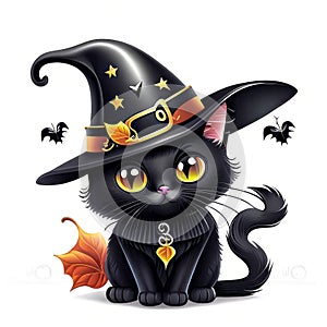 Art for kids, halloween cute black cat wearing a witches hat
