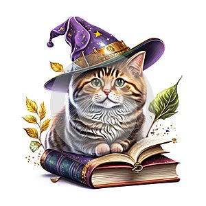 Art for kids, Halloween cute cat on wizard books