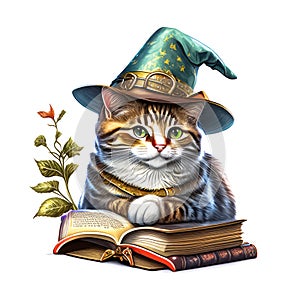 Art for kids, Halloween cute cat on wizard books