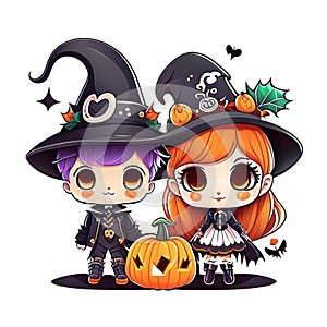 Art for kids, halloween cute wizard and witch wearing a witches hat