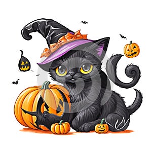 Art for kids, halloween theme cute the cat and pumpkin