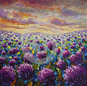 Art landscape flower meadow acrylic Pink purple Flowers wildflower in blue green grass