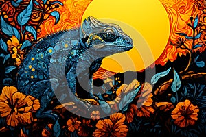 Art life of chameleon in nature background, block print style