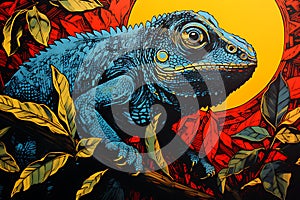 Art life of chameleon in nature background, block print style