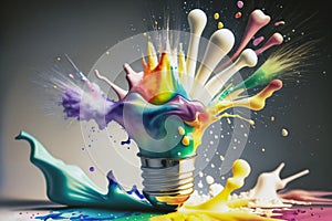 Art of a Light Bulb Lamp exploding with colorful rainbow paint splash.
